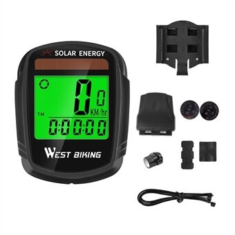 WEST BIKING Fietscomputer op Solar -energie Draadloze automatische weksnelheidsmeter en kilometerteller met LCD-achtergrondverlichting