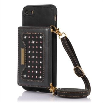Voor iPhone 7/8 4.7 inch/SE (2020)/SE (2022) Strass Portemonnee RFID Blokkerende Telefoon Cover Kickstand Leer Gecoate TPU Case met Schouderriem