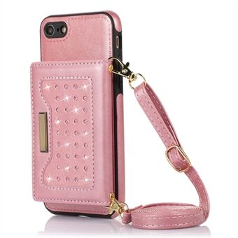 Voor iPhone 7/8 4.7 inch/SE (2020)/SE (2022) Strass Portemonnee RFID Blokkerende Telefoon Cover Kickstand Leer Gecoate TPU Case met Schouderriem