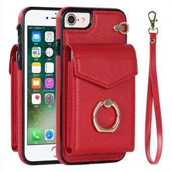 Voor iPhone 7/8 / SE (2020) / SE (2022) Ring Standaard Kaartsleuven Telefoonhoes Accordeonstijl PU-leer Gecoate TPU RFID-blokkerende hoes met riem