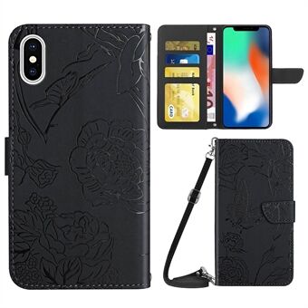 For iPhone X/XS 5.8 inch Imprinting Butterflies Flower Pattern PU Leather Wallet Stand Phone Case with Shoulder Strap