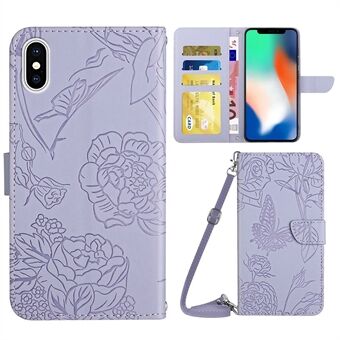 For iPhone X/XS 5.8 inch Imprinting Butterflies Flower Pattern PU Leather Wallet Stand Phone Case with Shoulder Strap