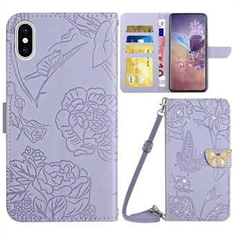 Voor iPhone X/XS Vlinder Bloemen Bedrukt Strass Decor Telefoon Cover Portemonnee Stand Volledige Dekking Lederen Case met Schouderriem