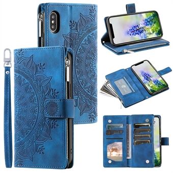 Voor iPhone X / XS 5,8 inch Mandala Bloem bedrukt PU lederen portemonnee Telefoonhoesje Meerdere kaartsleuven Magnetische sluiting Ritsvak Handtas Stand Flip Cover met riem