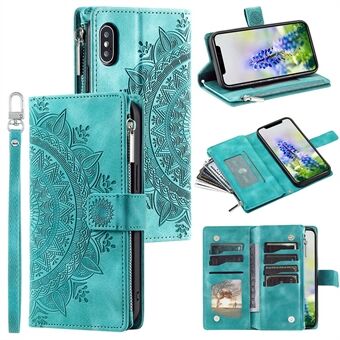 Voor iPhone X / XS 5,8 inch Mandala Bloem bedrukt PU lederen portemonnee Telefoonhoesje Meerdere kaartsleuven Magnetische sluiting Ritsvak Handtas Stand Flip Cover met riem