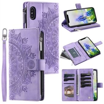 Voor iPhone X / XS 5,8 inch Mandala Bloem bedrukt PU lederen portemonnee Telefoonhoesje Meerdere kaartsleuven Magnetische sluiting Ritsvak Handtas Stand Flip Cover met riem