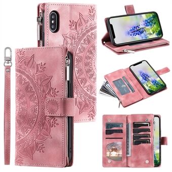 Voor iPhone X / XS 5,8 inch Mandala Bloem bedrukt PU lederen portemonnee Telefoonhoesje Meerdere kaartsleuven Magnetische sluiting Ritsvak Handtas Stand Flip Cover met riem