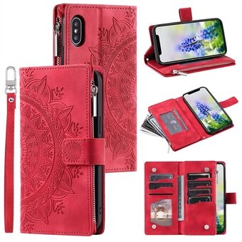 Voor iPhone X / XS 5,8 inch Mandala Bloem bedrukt PU lederen portemonnee Telefoonhoesje Meerdere kaartsleuven Magnetische sluiting Ritsvak Handtas Stand Flip Cover met riem