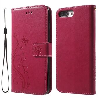 Imprinted Butterfly Leather Wallet Cover with Wrist Strap for iPhone 8 Plus / 7 Plus 5.5 inch