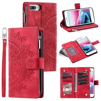 Voor iPhone 7 Plus / 8 Plus 5,5 inch ritsvak portemonnee hoesje PU lederen Stand Meerdere kaartsleuven Mandala bloem bedrukt telefoonhoesje met riem