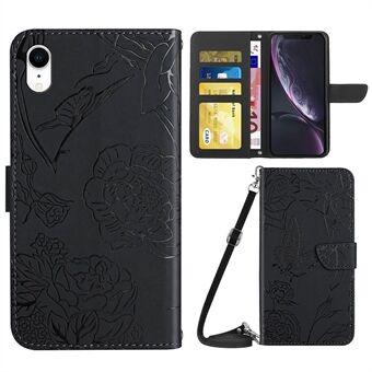 For iPhone XR 6.1 inch Stand Phone Case PU Leather Imprinting Butterflies Flower Pattern Wallet Shell with Shoulder Strap