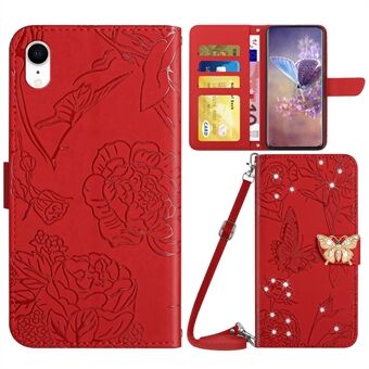 Voor iPhone XR 6.1 inch Vlinder Bloemen Bedrukt Strass Decor Telefoon Cover Portemonnee Bekijken Stand Lederen Case met Schouderriem