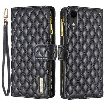 BINFEN KLEUR BF Style-15 Zipper Pocket Case voor iPhone XR 6.1 inch, PU Lederen Stand Portemonnee Matte Rhombus Bedrukt Telefoon Cover