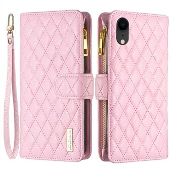 BINFEN KLEUR BF Style-15 Zipper Pocket Case voor iPhone XR 6.1 inch, PU Lederen Stand Portemonnee Matte Rhombus Bedrukt Telefoon Cover