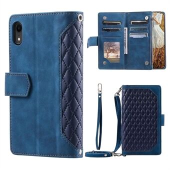 Leren telefoonhoes met ritssluiting voor iPhone XR 6.1 inch, 005-stijl Rhombus Meerdere kaartsleuven Stand met schouderriem en draagriem