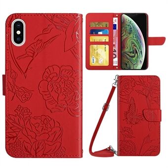 For iPhone XS Max 6.5 inch Skin-touch Leather Cover Imprinting Butterflies Flower Pattern Wallet Stand Phone Case with Shoulder Strap