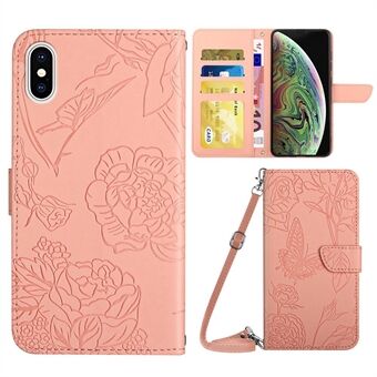 For iPhone XS Max 6.5 inch Skin-touch Leather Cover Imprinting Butterflies Flower Pattern Wallet Stand Phone Case with Shoulder Strap