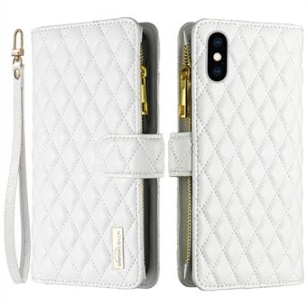 BINFEN KLEUR BF Stijl-15 voor iPhone XS Max 6.5 inch Ritsvak PU Lederen Stand Wallet Case Anti- Scratch Matte Rhombus Bedrukt Telefoon Cover