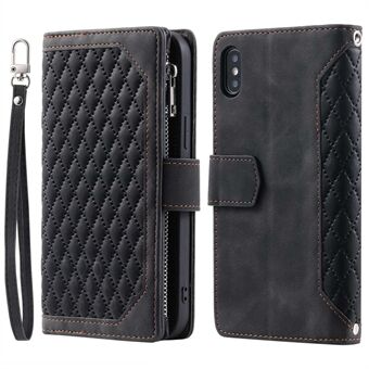 005-stijl lederen tas met riem voor iPhone XS Max 6.5 inch, Rhombus met ritsvak telefoonhoes met Stand portemonnee