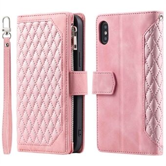 005-stijl lederen tas met riem voor iPhone XS Max 6.5 inch, Rhombus met ritsvak telefoonhoes met Stand portemonnee