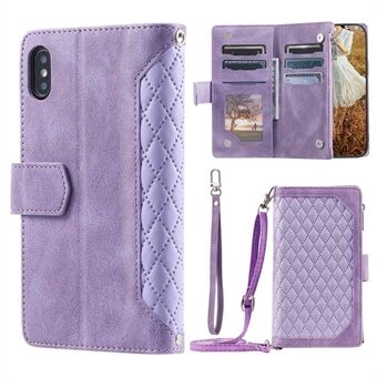 Leren tas met ritssluiting voor iPhone XS Max 6.5 inch, 005-stijl Rhombus - Stand Schokbestendige telefoonhoes met schouderriem en draagriem