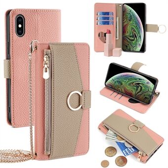 Voor iPhone XS Max Leren Hoesje Portemonnee Telefoontasje Cover Stand met Kettingband - Grijs