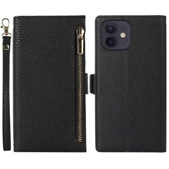 Voor iPhone 11 6.1 inch Ritsvak Ontwerp Litchi Textuur Telefoonhoesje, PU Lederen Flip Cover Opvouwbare Stand Portemonnee met Riem