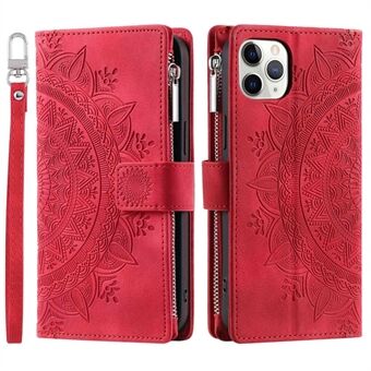 Mandala Flower bedrukt telefoonhoesje voor iPhone 11 Pro 5,8 inch, ritsvak portemonnee Stand meerdere kaartsleuven volledige bescherming PU lederen telefoonhoes met riem