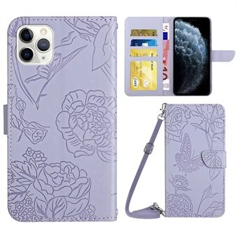 Wallet Phone Case for iPhone 11 Pro Max 6.5 inch PU Leather Butterfly Flowers Imprinting Phone Shell Shockproof Stand Case with Shoulder Strap