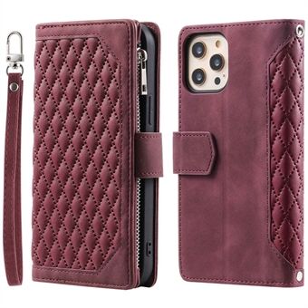 005 Stijl Zipper Pocket Stand Case voor iPhone 11 Pro Max 6.5 inch, PU Lederen Portemonnee Rhombus Textuur Telefoon Shell Protector met Polsband