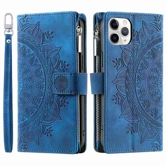 Schokbestendige mobiele telefoonhoes voor iPhone 11 Pro Max 6,5 inch, mandala bloem bedrukt ritsvak portemonnee Stand meerdere kaartsleuven PU lederen telefoonhoes met riem