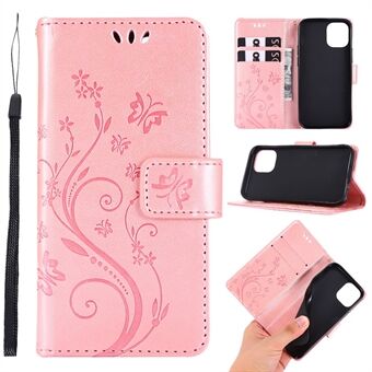 Imprint Butterfly Flower Leather Case with Strap for iPhone 12 mini