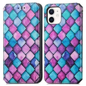 CASENEO 001 Series RFID Blocking Phone Cover for iPhone 12 mini 5.4 inch, Magnetic Absorption Pattern Printing Leather Flip Stand Case with Wallet