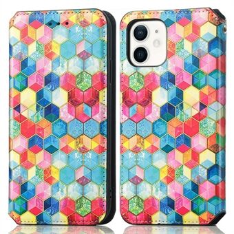 CASENEO 001 Series RFID Blocking Phone Cover for iPhone 12 mini 5.4 inch, Magnetic Absorption Pattern Printing Leather Flip Stand Case with Wallet