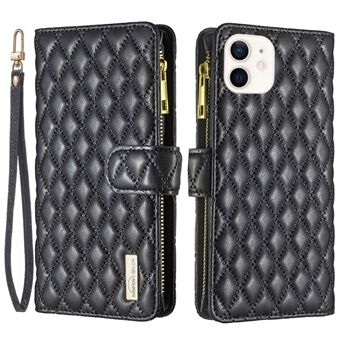 BINFEN KLEUR BF Stijl-15 voor iPhone 12 mini 5.4 inch Ritsvak Opdruk Rhombus Matte PU Lederen Telefoon Case met Portemonnee Stand