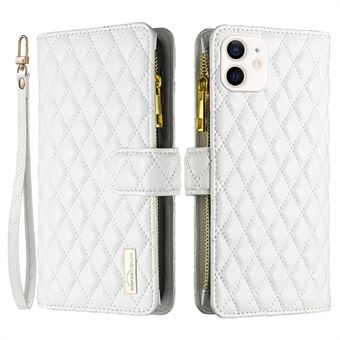 BINFEN KLEUR BF Stijl-15 voor iPhone 12 mini 5.4 inch Ritsvak Opdruk Rhombus Matte PU Lederen Telefoon Case met Portemonnee Stand