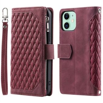 005 Stijl PU Lederen Rits Zak Case voor iPhone 12 mini 5.4 inch, Stand Rhombus Textuur Anti-drop Telefoon Portemonnee Cover met Polsband