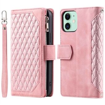 005 Stijl PU Lederen Rits Zak Case voor iPhone 12 mini 5.4 inch, Stand Rhombus Textuur Anti-drop Telefoon Portemonnee Cover met Polsband