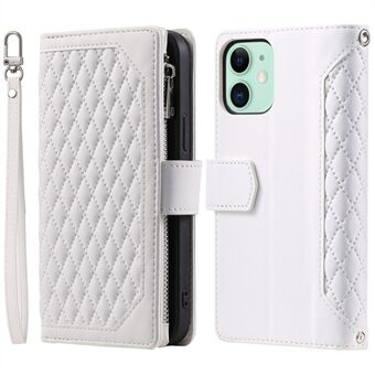 005 Stijl PU Lederen Rits Zak Case voor iPhone 12 mini 5.4 inch, Stand Rhombus Textuur Anti-drop Telefoon Portemonnee Cover met Polsband