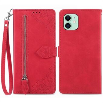 Voor iPhone 12 mini 5.4 inch Bloem Bedrukt PU Lederen Case Ritsvak Portemonnee Stand Schokbestendig Telefoon Cover met Riem: