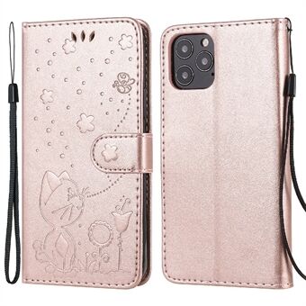 Opdruk Kat en bij Kaartsleuven Portemonnee PU-lederen flip-telefoonhoes met Stand voor iPhone 12/12 Pro 6.1 Inch