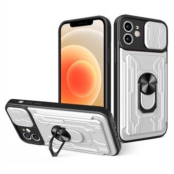 Ring Kickstand Design PC + TPU telefoonhoesje met cameraschuifdeksel en verwijderbare kaarthouder voor iPhone 12 6.1 inch