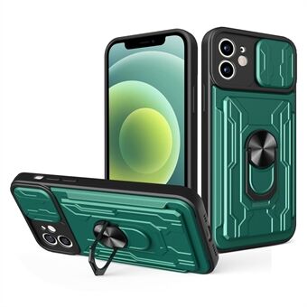 Ring Kickstand Design PC + TPU telefoonhoesje met cameraschuifdeksel en verwijderbare kaarthouder voor iPhone 12 6.1 inch