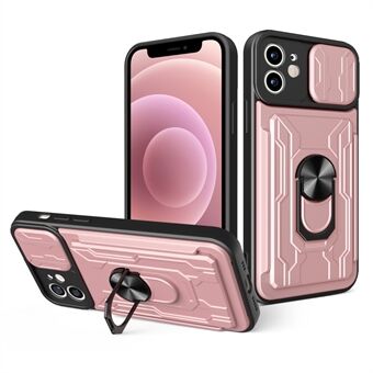 Ring Kickstand Design PC + TPU telefoonhoesje met cameraschuifdeksel en verwijderbare kaarthouder voor iPhone 12 6.1 inch