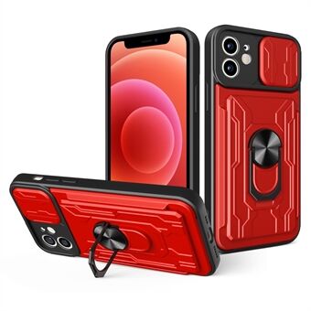 Ring Kickstand Design PC + TPU telefoonhoesje met cameraschuifdeksel en verwijderbare kaarthouder voor iPhone 12 6.1 inch