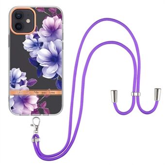 Voor iPhone 12/12 Pro 6.1 inch YB IMD-9 Serie Bloemenpatroon IMD Galvaniseren Cover Soft TPU Stijlvolle Telefoon Cover met Koord