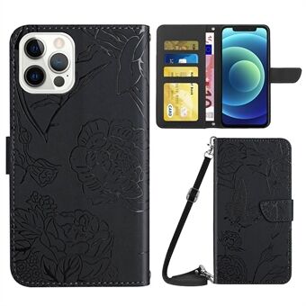 For iPhone 12/12 Pro 6.1 inch Protective Case Butterfly Flowers Imprinted PU Leather Folio Flip Cover Anti-Scratch Stand Wallet Case with Shoulder Strap