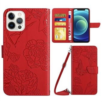 For iPhone 12/12 Pro 6.1 inch Protective Case Butterfly Flowers Imprinted PU Leather Folio Flip Cover Anti-Scratch Stand Wallet Case with Shoulder Strap