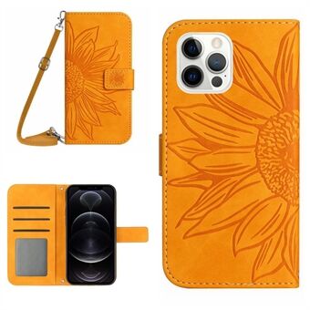 Voor iPhone 12/12 Pro 6.1 inch HT04 Bedrukte Zonnebloem Telefoon Portemonnee Stand Case Skin-touch PU Lederen Folio Flip Cover met Schouderriem