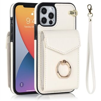 Voor iPhone 12 6.1 inch/12 Pro 6.1 inch Ringstandaard Drop-proof Achterkant van de behuizing PU-leer + TPU RFID-blokkerende accordeonstijl Ring Telefoonbeschermhoes met riem